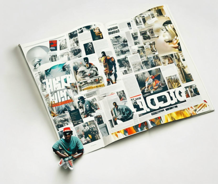 Magazine collage with urban style images and person sitting in center