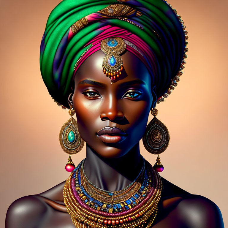 Portrait of a Woman with Green Headwrap and Blue Eyes