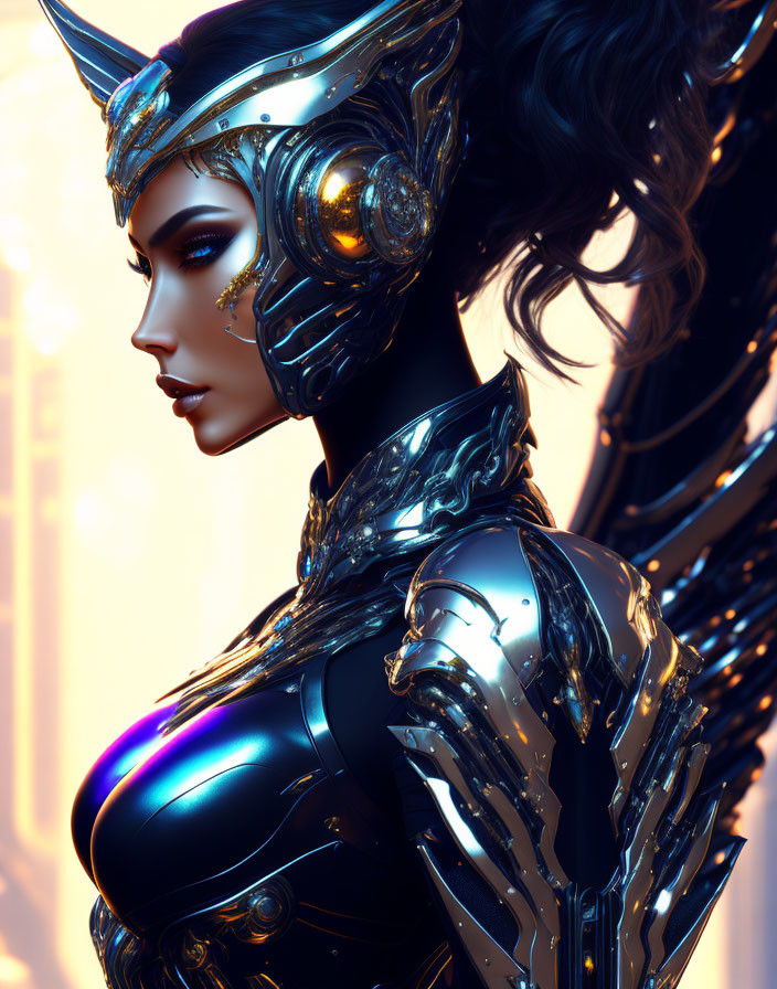 Futuristic female warrior in chrome armor with winged helmet