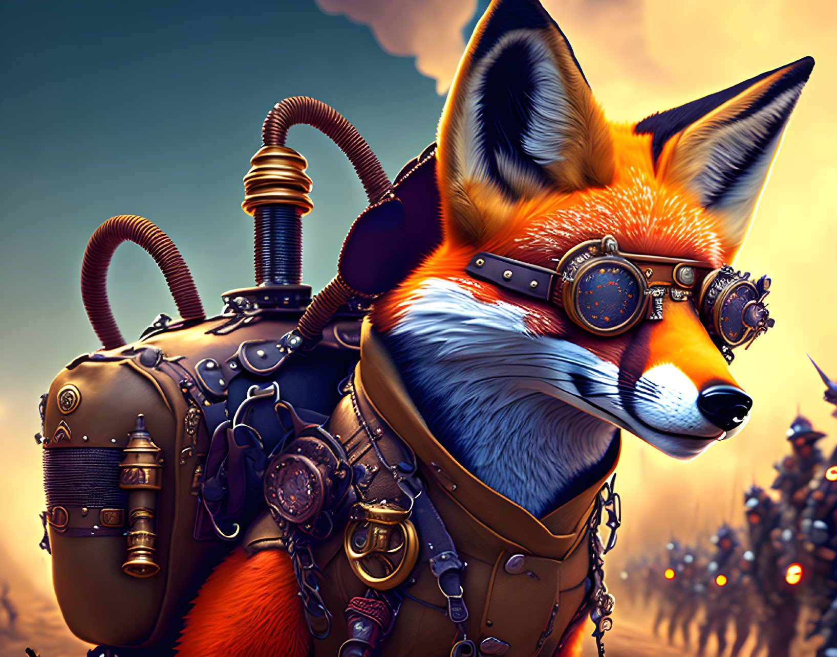 Steampunk-themed fox illustration with goggles and mechanical armor