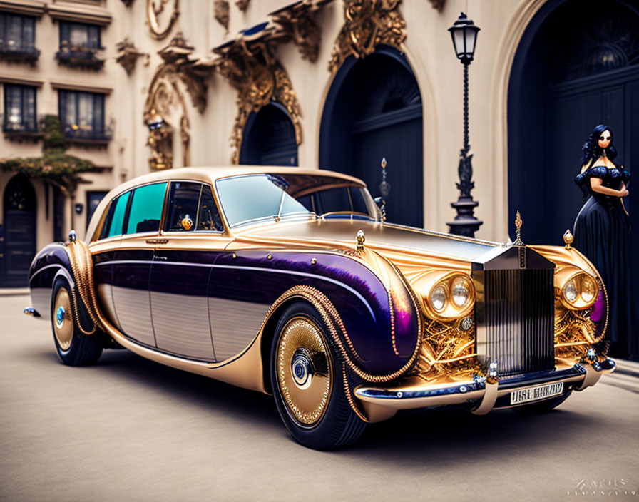 Vintage car with golden front and purple body parked in front of elegant building with woman in black dress.