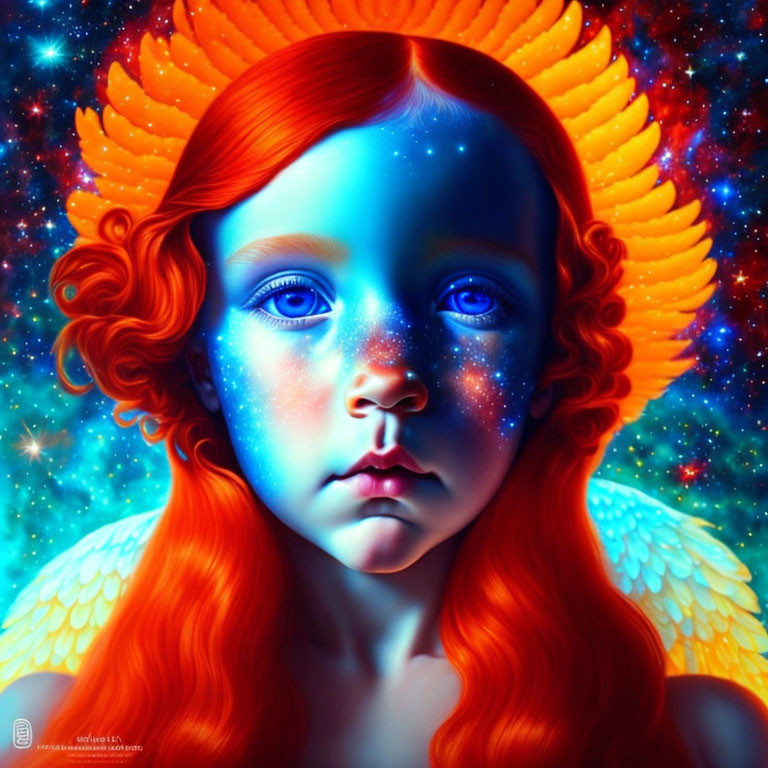 Child with red hair and blue eyes in cosmic setting