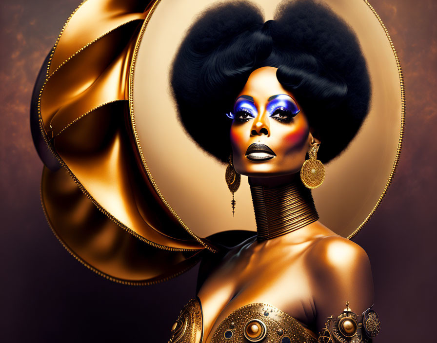 Portrait of a person with golden accessories, black hair, blue eye makeup on bronze background