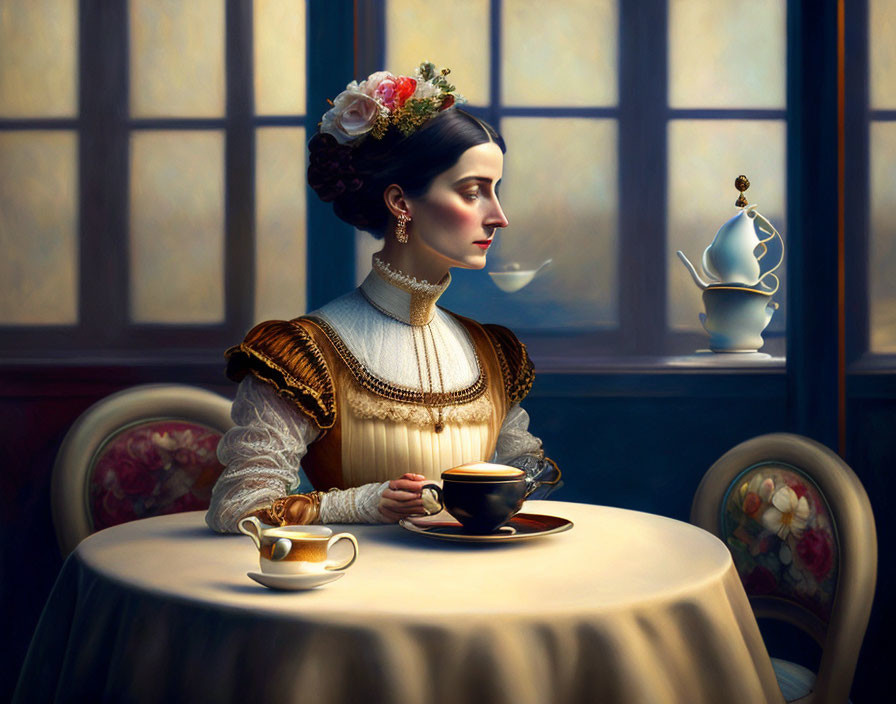 Vintage-themed woman with floral headpiece holding tea cup next to levitating teapot at table
