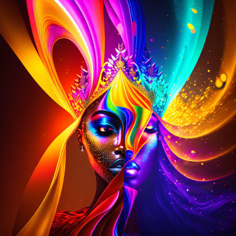 Colorful Digital Art: Woman with Flowing Headdress & Abstract Cosmic Motifs