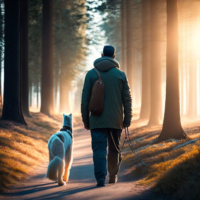 Person and White Dog Walking on Forest Path in Sunbeams
