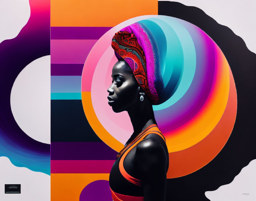 Colorful profile view of woman with headscarf in vibrant circles