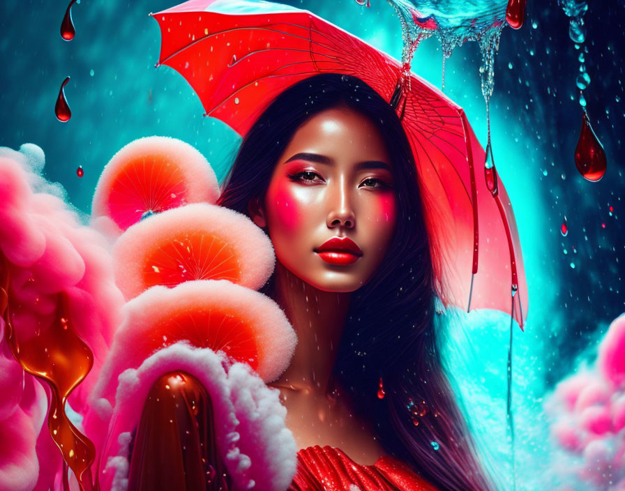 Colorful Asian woman with red makeup and umbrella in citrus-themed illustration