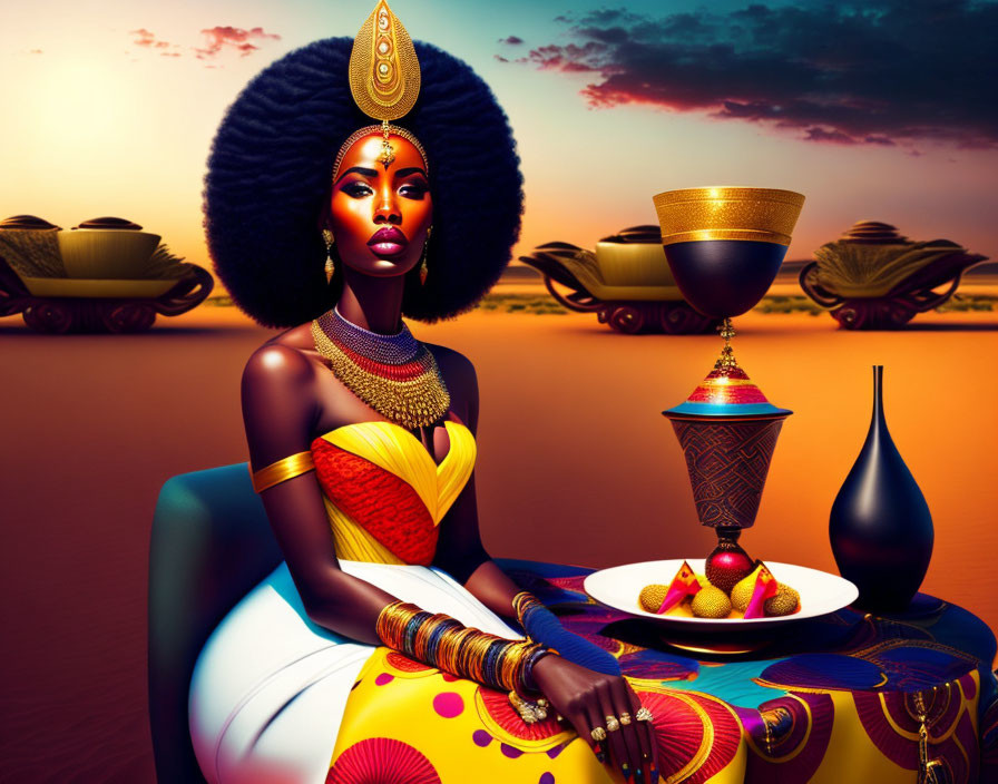 Digital art of regal woman in African attire with golden jewelry, surrounded by elephants and sunset.