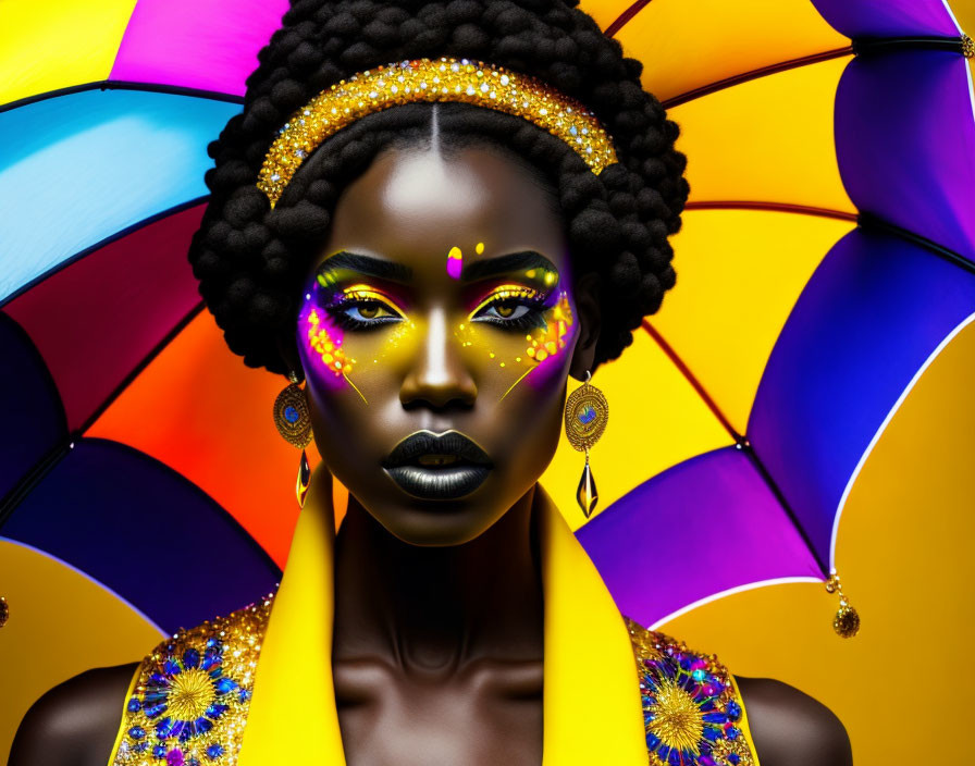 Colorful makeup woman portrait against vibrant umbrella background