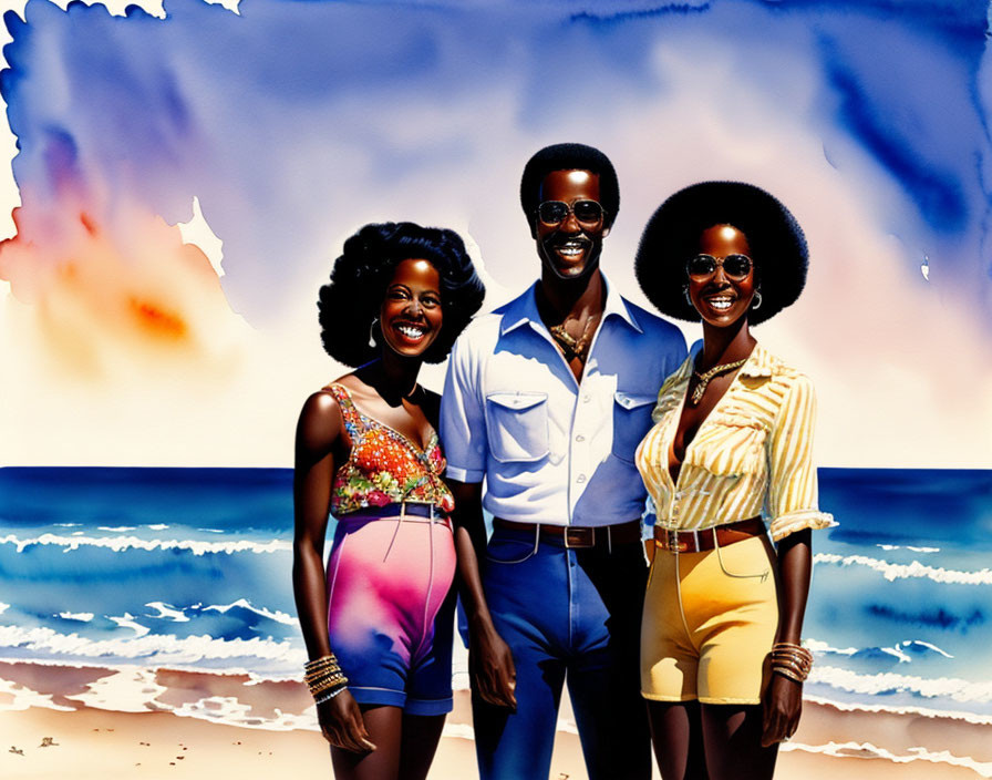 Three individuals in colorful summer outfits and retro sunglasses on a beach
