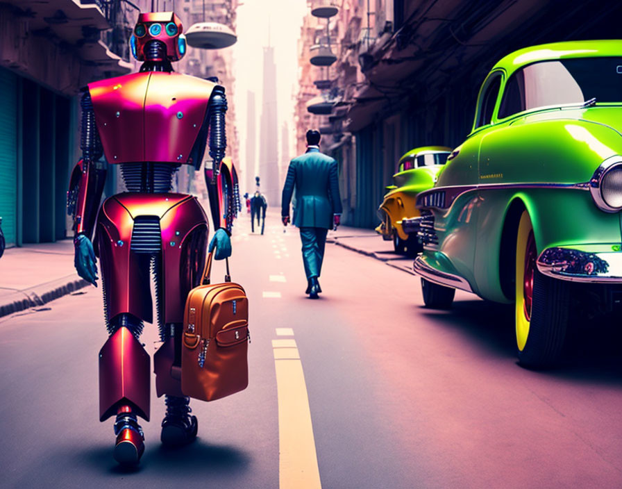 Robot with briefcase and human in suit on city street with vintage cars