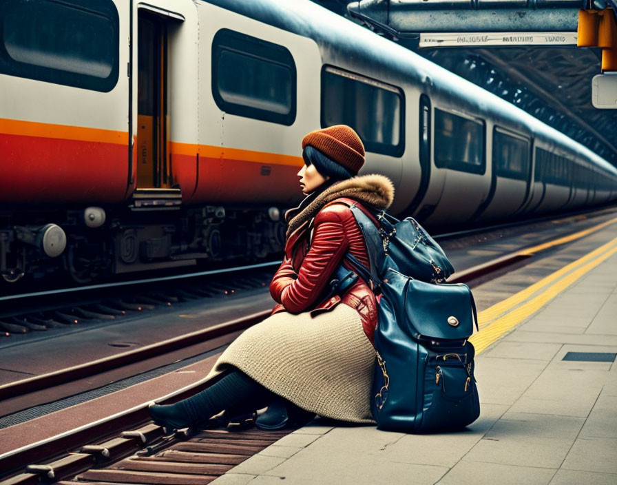 Woman in winter hat and coat sitting by train platform with blue backpack