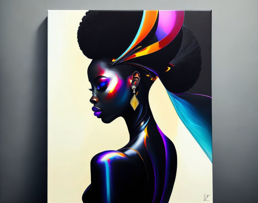 Vibrant profile portrait with colorful afro on grey backdrop