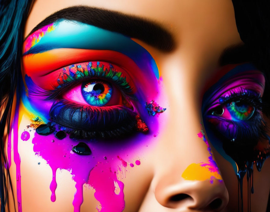 Colorful Makeup Look with Rainbow Hues and Dripping Paint Eyeliner