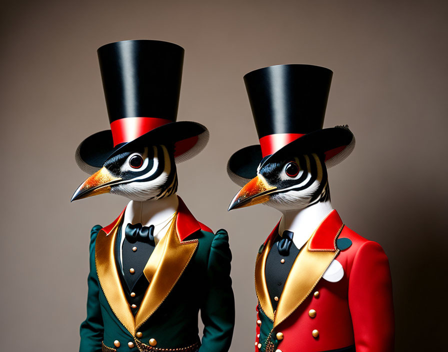 Bird-headed individuals in elegant suits and top hats on neutral background