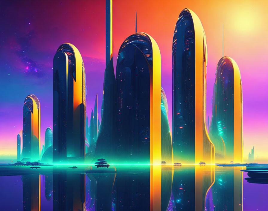 Futuristic cityscape with towering buildings and neon lights at twilight