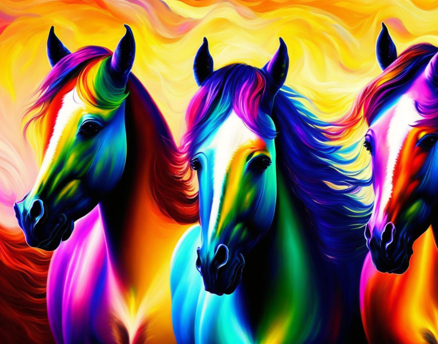 Vibrant colorful horses with flowing manes on fiery abstract background