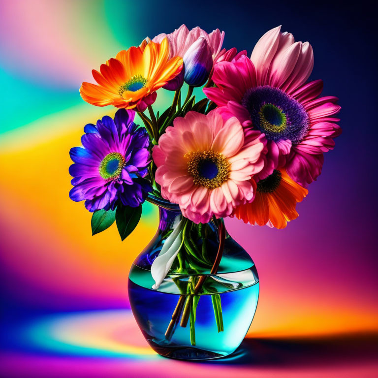 Colorful Gerbera Daisies Bouquet in Blue Vase on Gradient Background