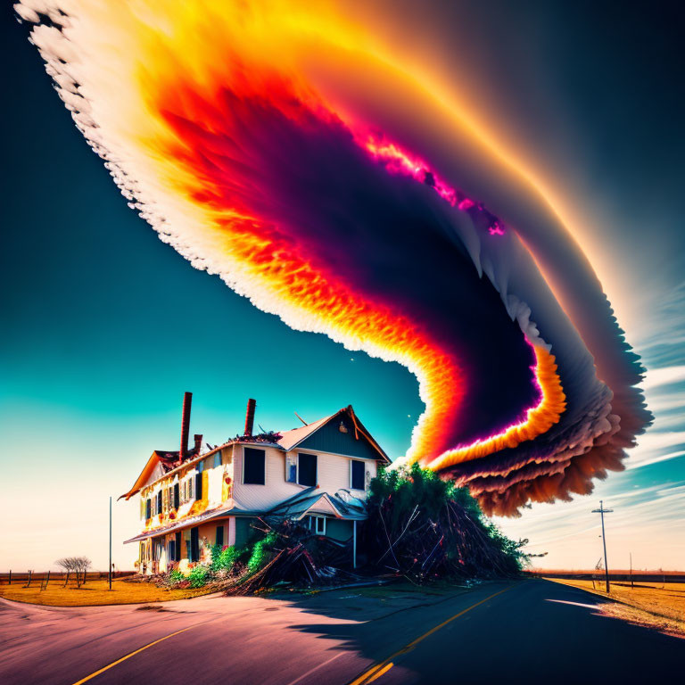 Surreal house by road with giant colorful cloud wave on blue sky