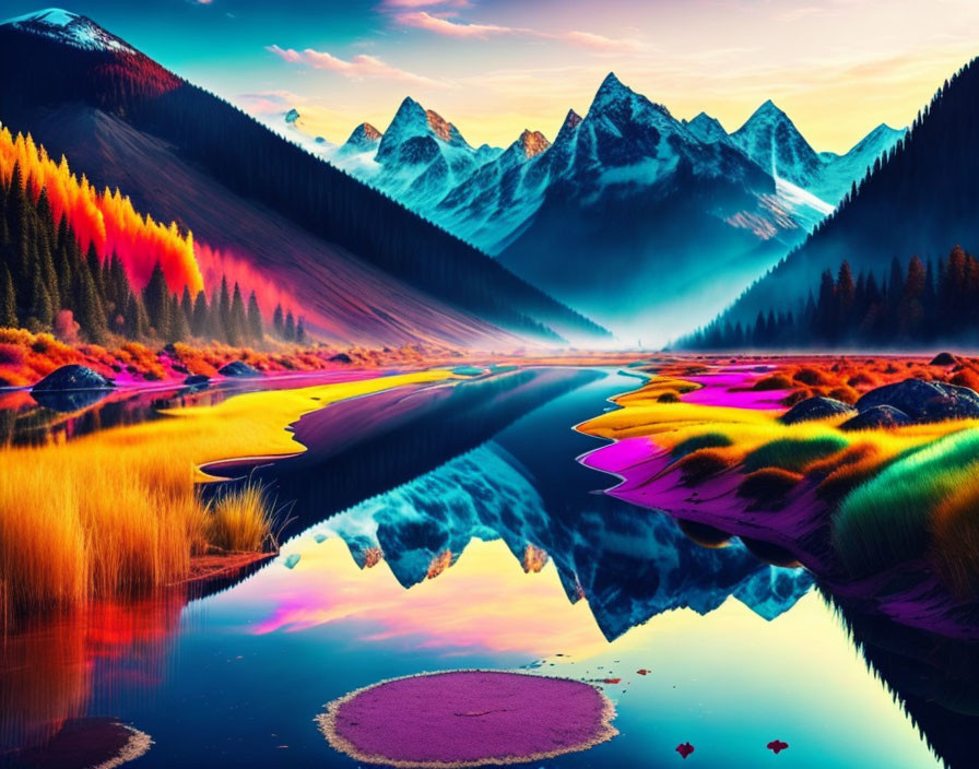 Vivid Landscape with Colorful Lake and Mountain Reflections