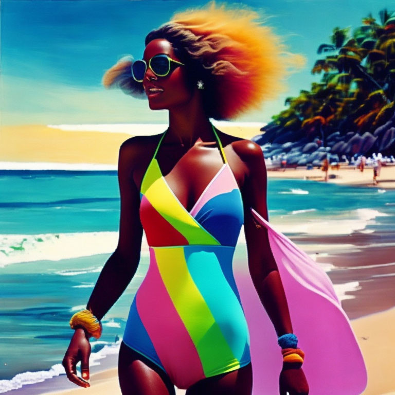 Colorful swimsuit woman with sunglasses at sunny beach
