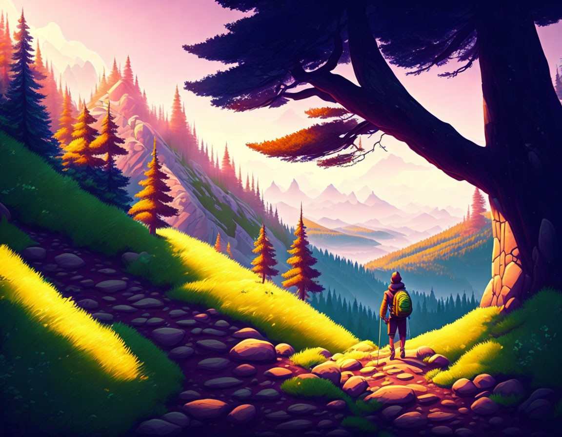 Person on cobblestone path in lush forest with yellow trees, purple mountains at sunrise