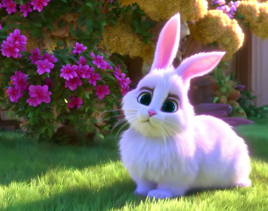 Fluffy White Animated Rabbit in Lush Garden with Pink Flowers