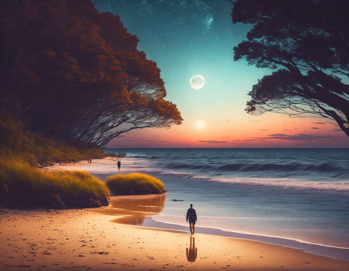 Solitary figure strolls on tranquil beach at twilight with vibrant sunset and starry sky reflecting in wet