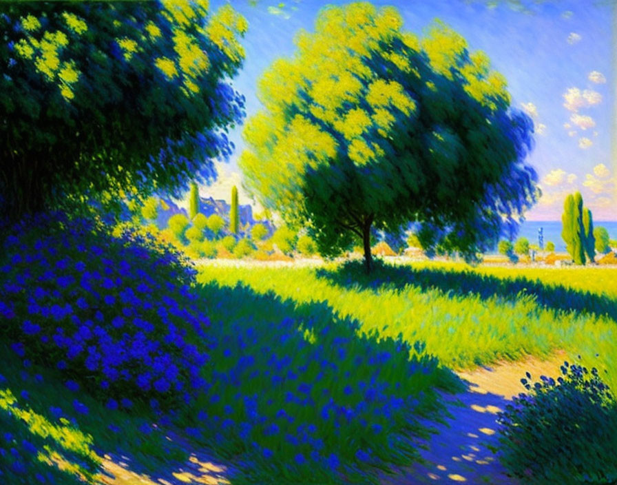 Vibrant Impressionist Painting of Lush Trees and Blue Flowers