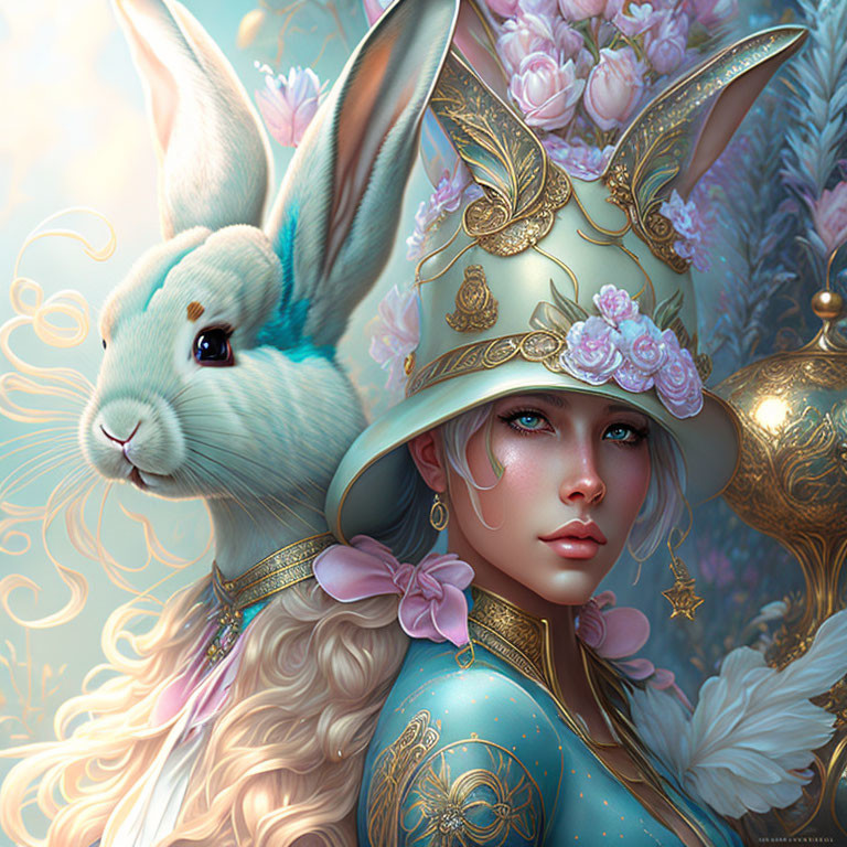 Fantasy illustration of woman with rabbit features in golden helmet with flowers.