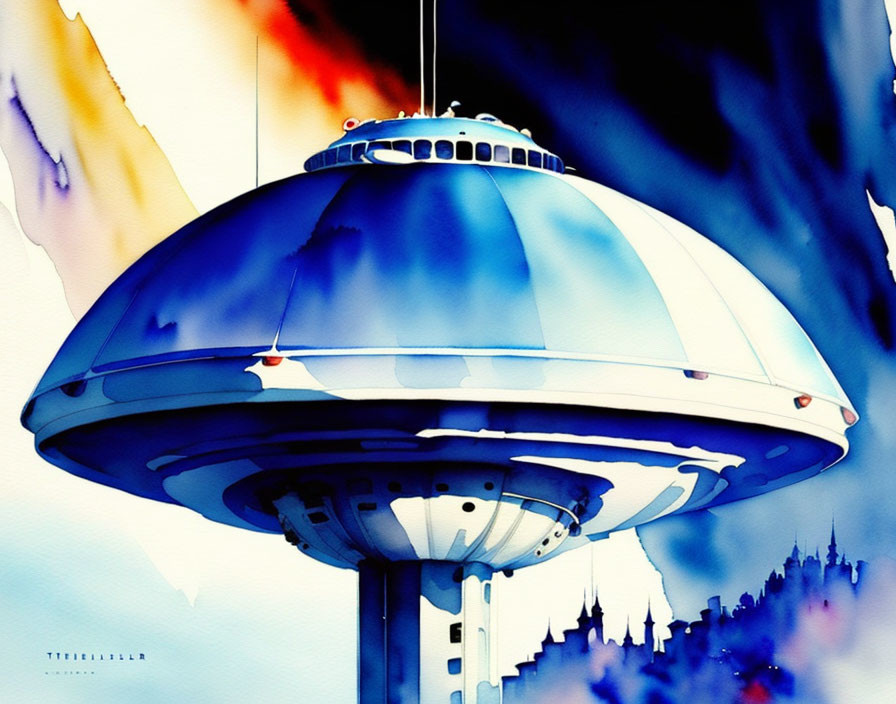 Colorful Watercolor Illustration of Futuristic Blue Observatory