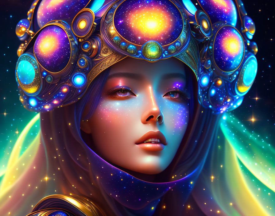 Cosmic-themed digital art portrait of a woman with glowing orbs and star-speckled face.