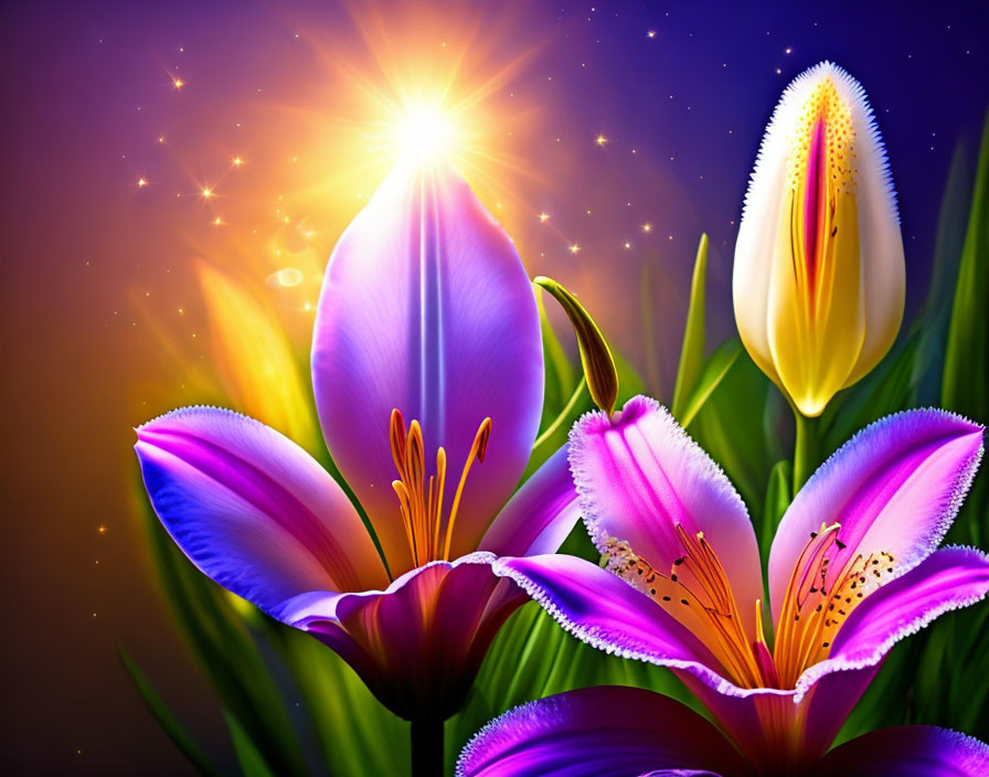 Colorful digital artwork: Blooming lilies in cosmic starlight