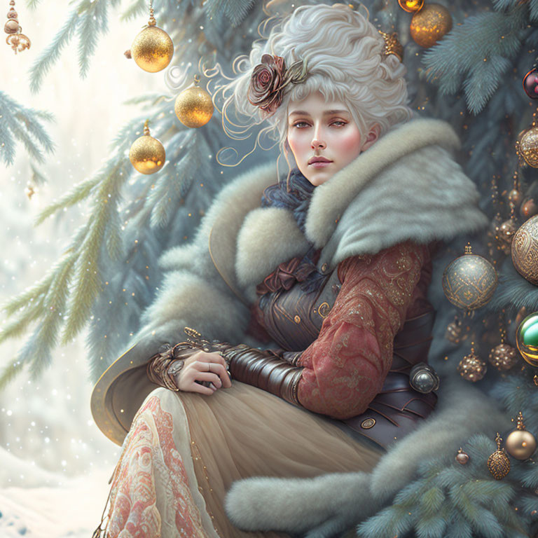 Vintage winter attire woman by decorated Christmas tree in serene setting