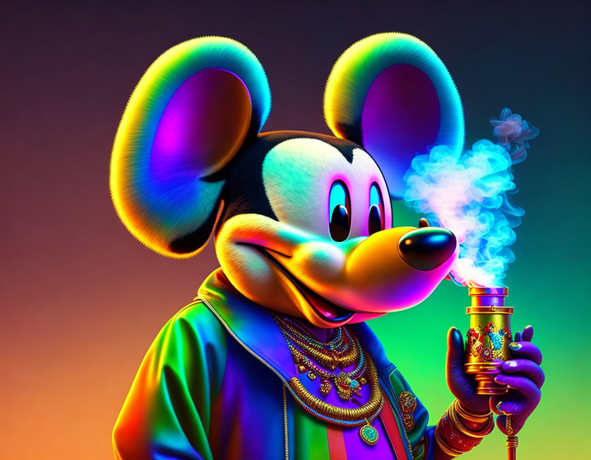 Colorful Stylized Mickey Mouse with Exaggerated Features and Accessories