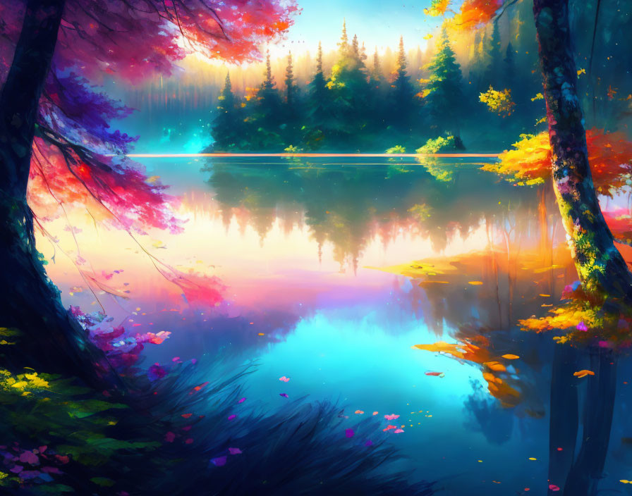 Colorful Autumn Forest Reflected in Serene Lake