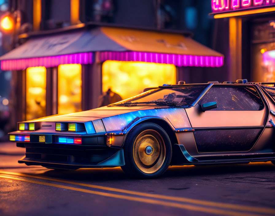 Vintage DeLorean car parked on city street at dusk, neon lights casting vibrant colors.