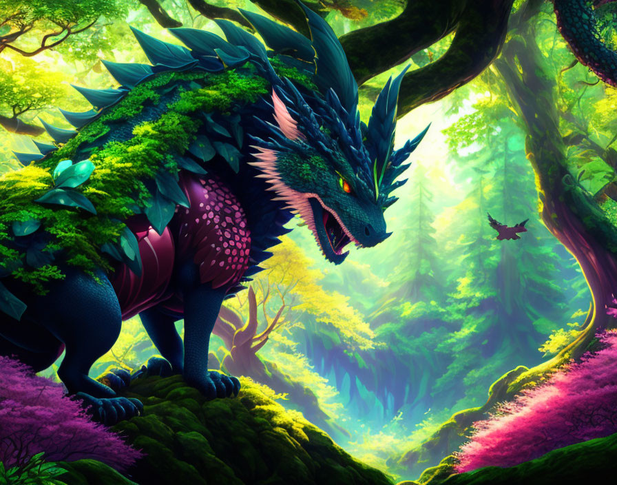 Blue dragon with green spikes in lush forest with vibrant pink and green foliage