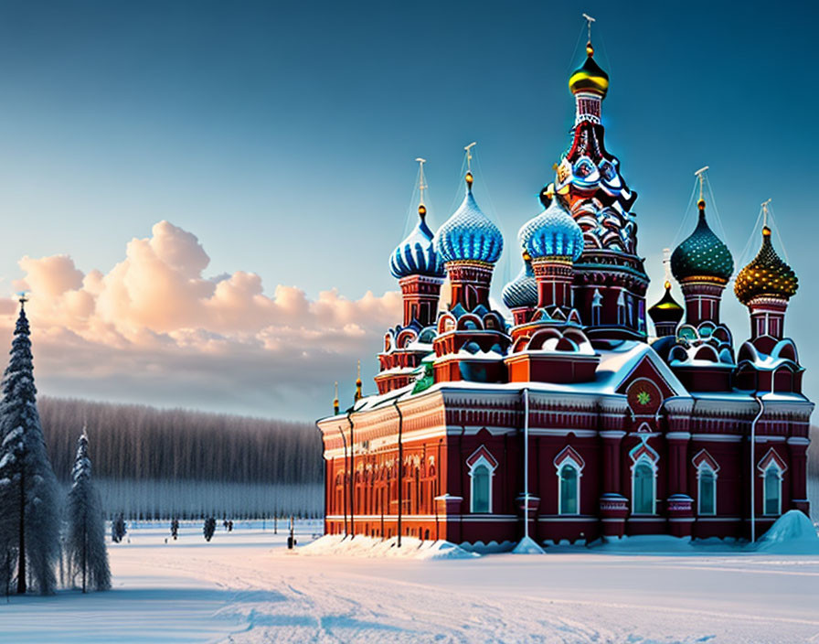 Iconic St. Basil's Cathedral with colorful onion domes in snowy twilight landscape