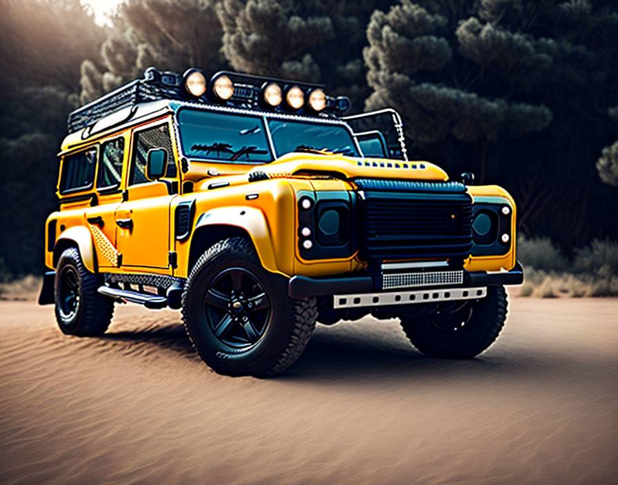 Yellow Off-Road Vehicle with Roof Lights and Snorkel on Dusty Trail