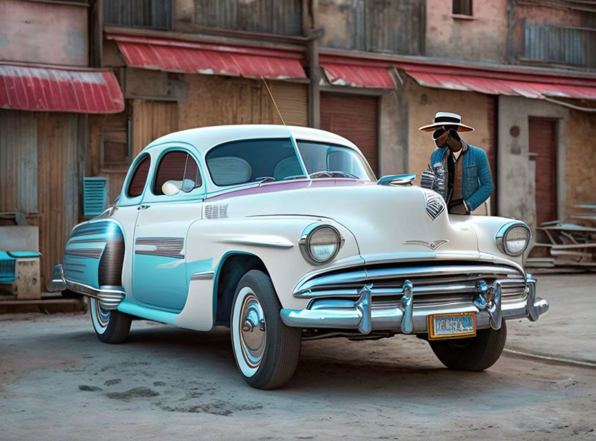 Person in cowboy hat leaning on vintage white car in rustic setting