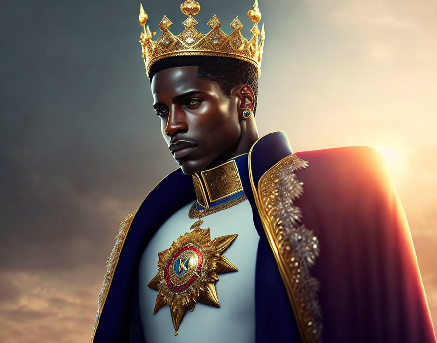 Regal man in gold crown and blue cloak against moody sky