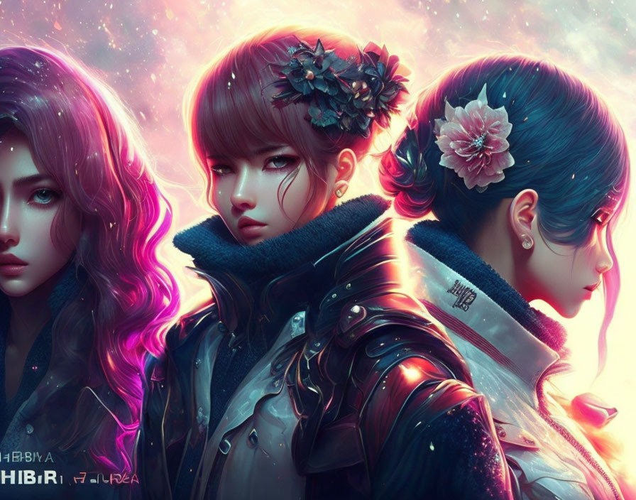 Stylized digital portraits of women with detailed hair and flowers