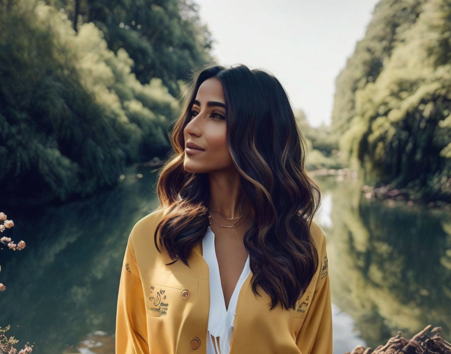 Woman in yellow jacket by serene river surrounded by lush greenery