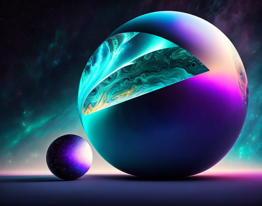 Surreal 3D Rendering: Glossy Spheres on Cosmic Background