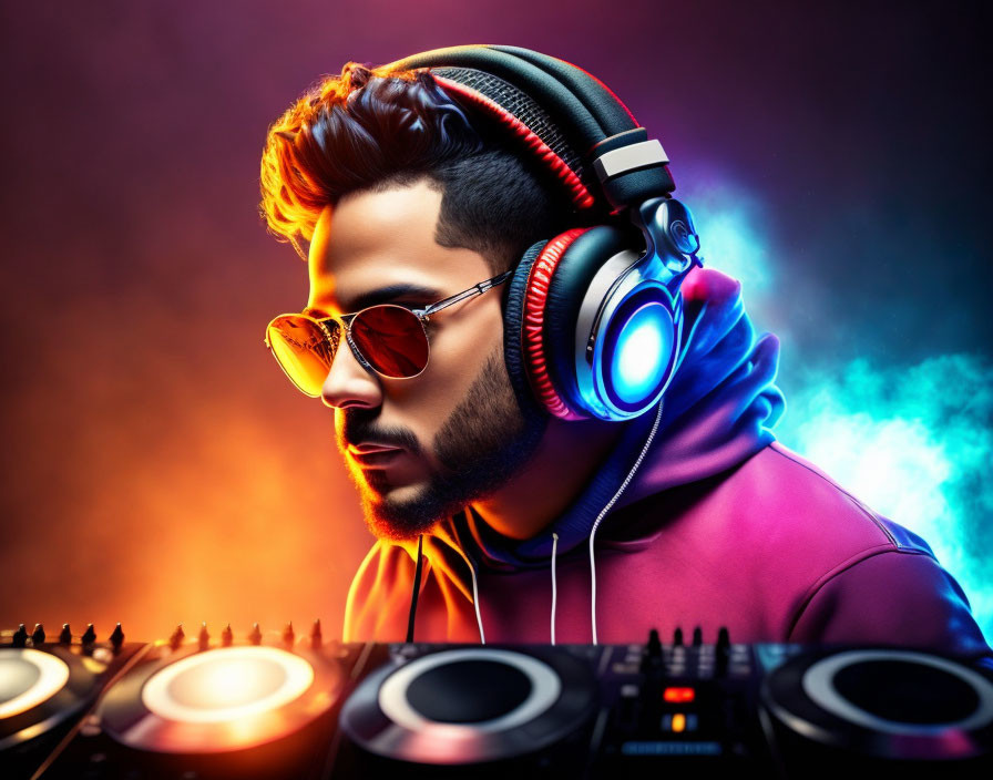 DJ in Purple Hoodie and Orange Sunglasses Mixing Music with Blue and Orange Backlighting