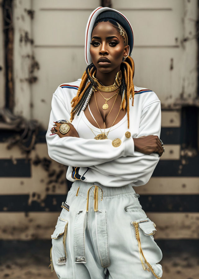 Confident person with braided hair in white hoodie and gold jewelry against industrial backdrop