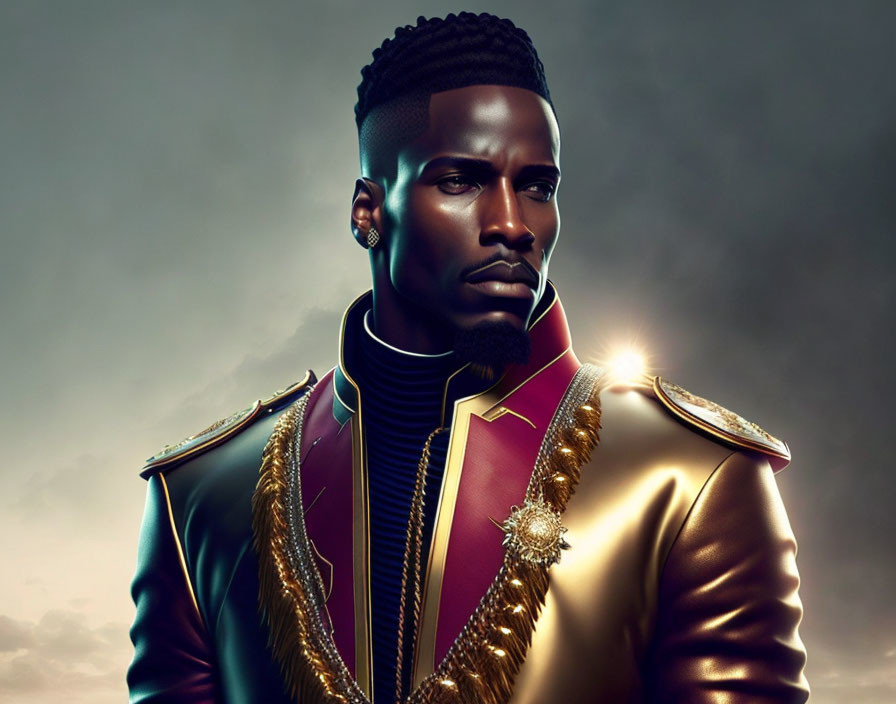 Regal man with cornrow hairstyle in golden-trimmed military jacket