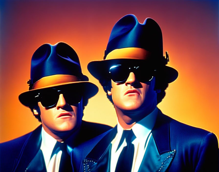 Two individuals in dark suits and fedoras on orange gradient background